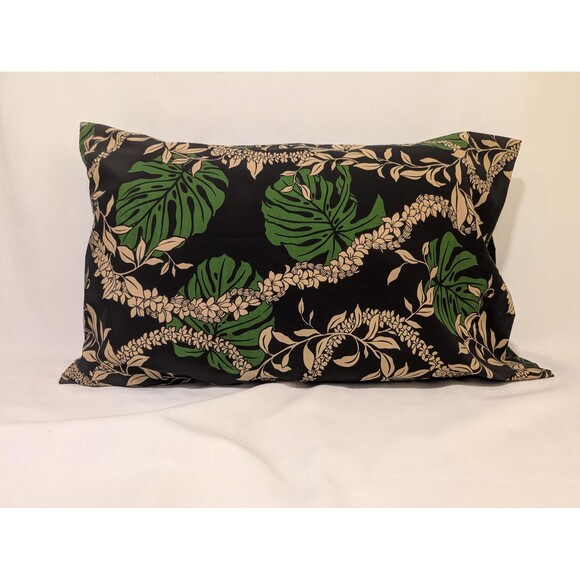 Black Pillowcase with Green Monstera and Beige Lei | Handmade | 100% Cotton - Picture 1 of 5